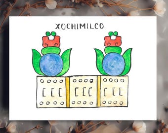 Xochimilco “in the place of the flower field.” Original watercolor.