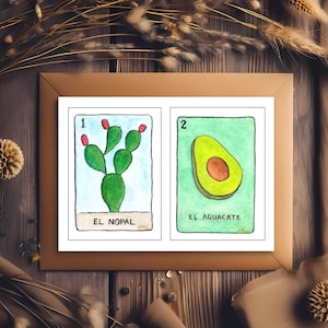 Juego de 2 postales. Acuarelas originales pintadas a mano, no son impresiones. Lotería Mexicana 1