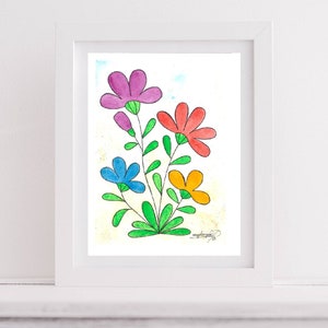 Fiori dipinti a inchiostro e acquerello. Acquerello originale su carta. Non è un'impressione. Fiori inchiostrati ad acquerello. Dipinto originale.