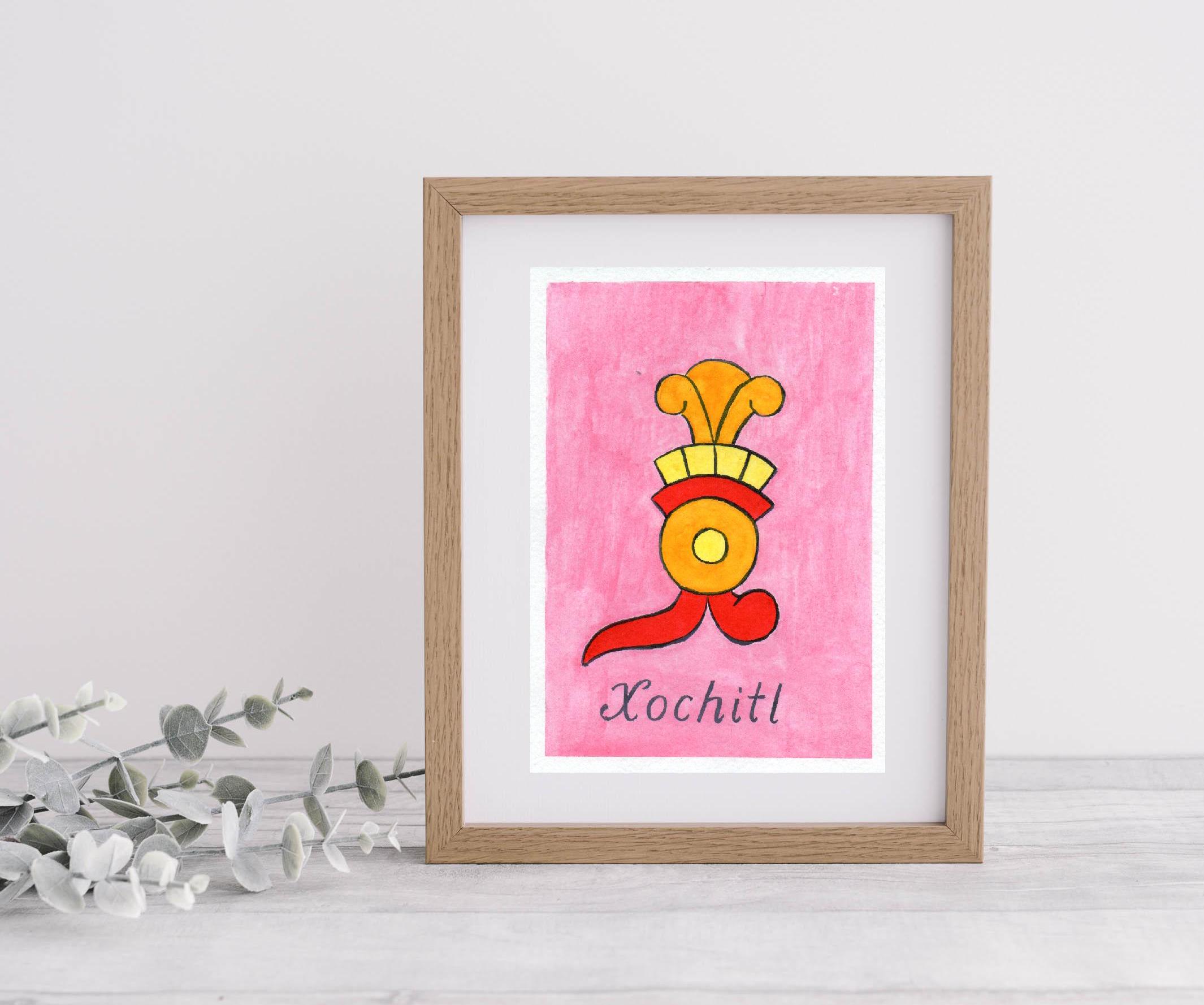Glyph variants for the Nahuatl noun XOCHITL (flower). Original watercolor painting.
