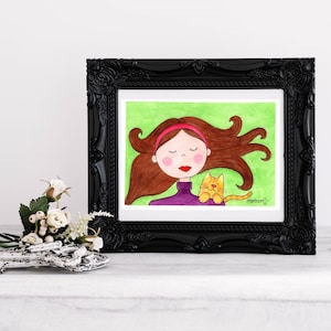 Karen y su minino. Acuarela original en papel. Karen and her cat. Original watercolour.