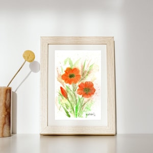 Orange, golden or California poppies (Eschscholzia californica). Original semi-abstract watercolor on paper. Orange poppies.