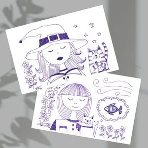 Ensemble de 2 cartes postales. Dessins originaux au stylo plume sur papier. Filles avec des chats (encre violette)