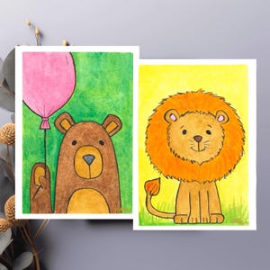 ポストカード2枚セット。オリジナルの水彩画。ライオンとクマ