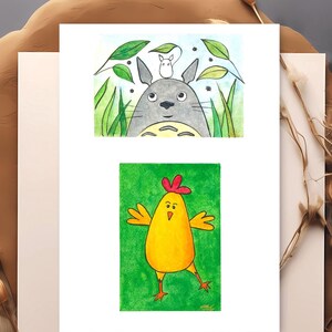 Juego de 2 postales. Acuarelas originales. Pollo y Fan Art Mi vecino