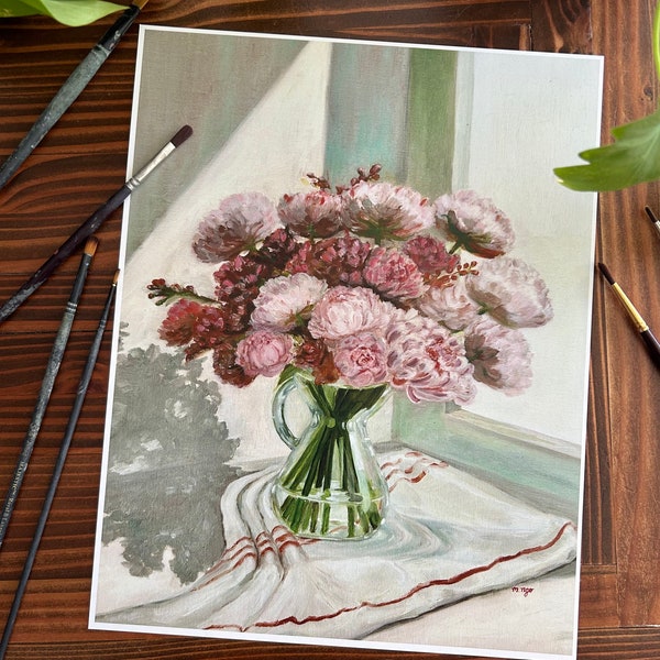 Sunny Pink Flower Bouquet and Kitchen Towel 11" x 14" Fine Art Print