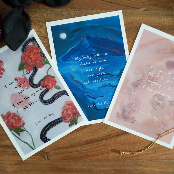 Lana Del Rey lyrics - set of three illustrations from Video Games, Shades of Cool, Yayo