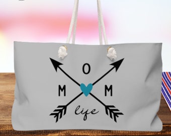 Mom Life Weekender Bag, Oversized Weekender Bag, Large Tote Bag, Beach Bag, Vacation Travel Bag, Overnight Bag, Mom Weekender Bag, Gray Tote