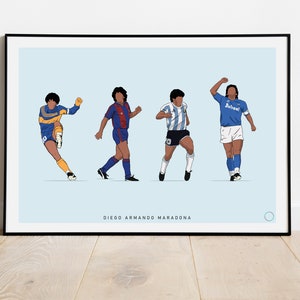 Diego Armando Maradona - impresión ilustrativa del genio a lo largo de su carrera / Boca, Barça, Argentina, Napoli / Recuerdos de fútbol, Arte