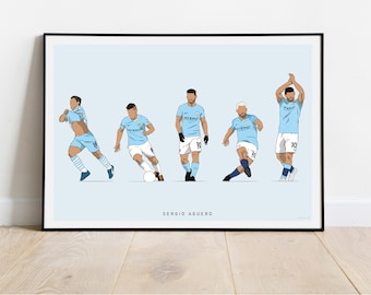 Sergio Aguero - Illustrationsdruck von Kun Aguero während seiner gesamten Man City-Karriere | Cup-Sieger | Fußball Fanartikel, Kunst, digital