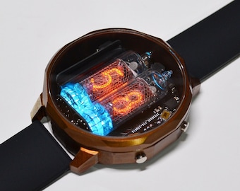 Nixie Uhr N186 Braun Ocker ,wasserfest, Mineralglas, Metallgehäuse, Accelerometer, RGB Hintergrundbeleuchtung