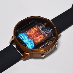 Nixie watch N186 Braun Ocker ,water resistant, mineral glass, metal body, accelerometer, RGB backlight