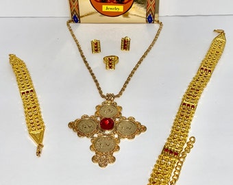 Set Di Gioielli Eritrei Ed Etiopi - Collana, Orecchini E Anello In Oro, Per Donna E Ragazza, Regalo Di Compleanno E Matrimonio