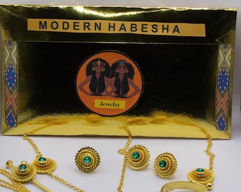 Green Stone Habesha Jewelry Set: Ethiopian Eritrean Wedding Headpiece