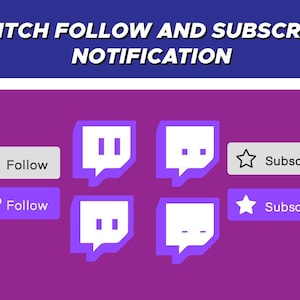 Puede incluir: Fondo morado con dos burbujas de chat de Twitch blancas y dos botones que dicen "Follow" con un icono de corazón y "Subscribe" con un icono de estrella.