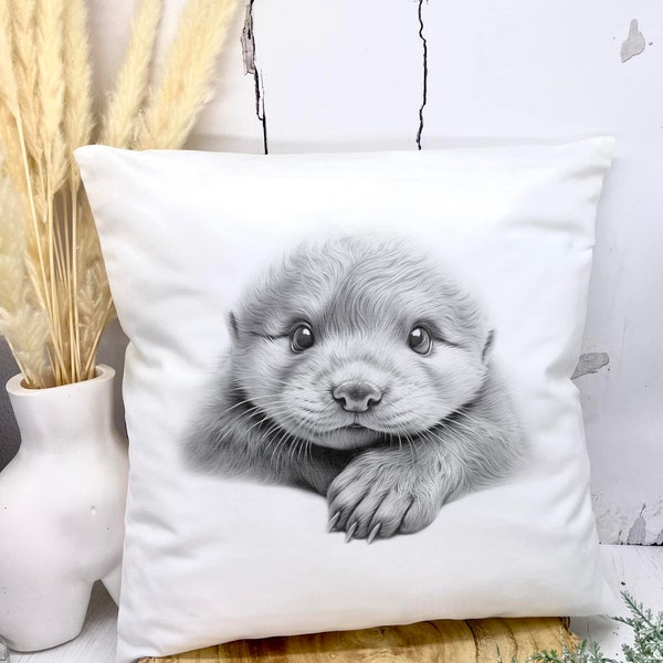 Otter Personalised Cushion, Sketchy Otter, Christmas Secret Santa, Wildlife Art Gifts, Animal Pillow, Otter Home Gift, Woodland Cushion