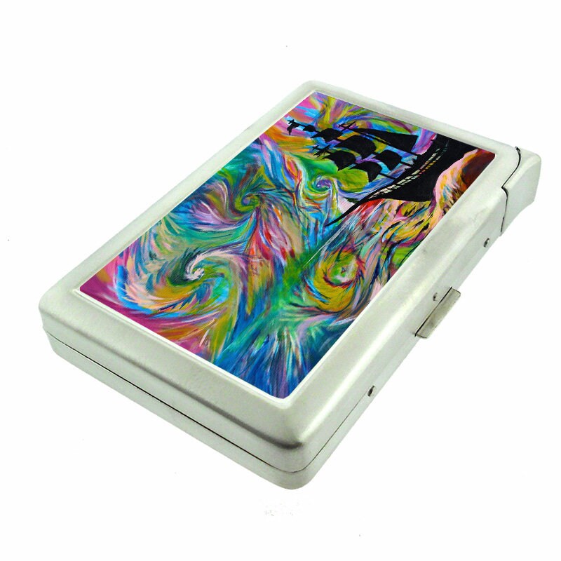 Rainbow Boat Em1 Hip Silver Cigarette Case With Built in Lighter Id Holder  Metal Wallet RFID Protection