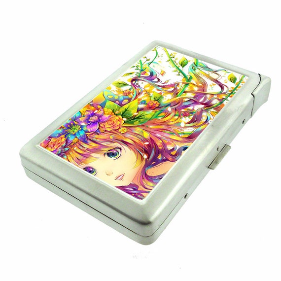 Flower Hair Anime Girl Em1 Hip Silver Cigarette Case With Built in Lighter  Id Holder Metal Wallet RFID Protection