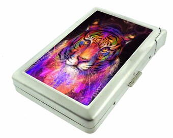 Psychedelic Animal Tiger Em1 Hip Silver Cigarette Case With Built In Lighter Id Holder Metal Wallet RFID Protection