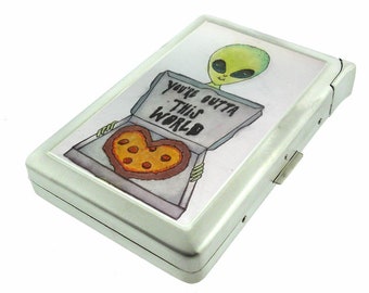 Alien Pizza Em1 Hip Silver Cigarette Case With Built In Lighter Id Holder Metal Wallet RFID Protection