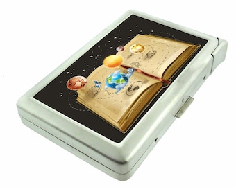Planet Book Em1 Hip Silver Cigarette Case With Built In Lighter Id Holder Metal Wallet RFID Protection