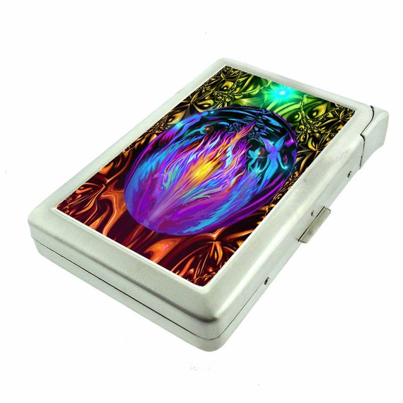 Chakra Art Em12 Hip Silver Cigarette Case With Built in Lighter Id Holder  Metal Wallet RFID Protection