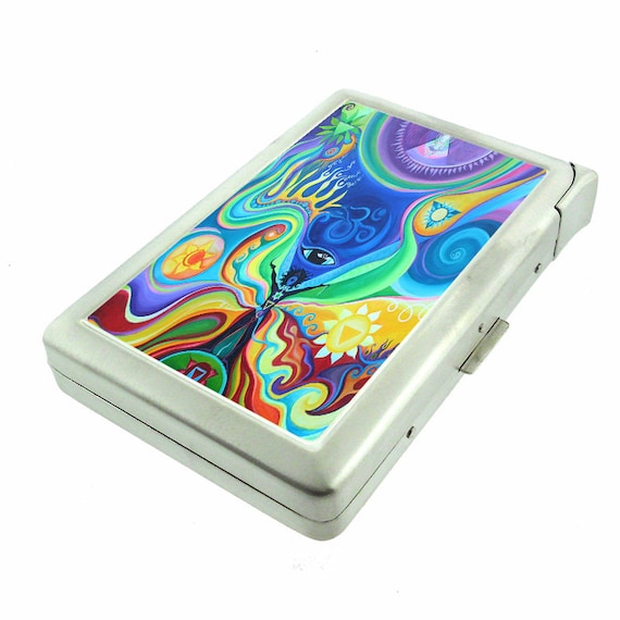Chakra Art Em5 Hip Silver Cigarette Case With Built in Lighter Id Holder  Metal Wallet RFID Protection
