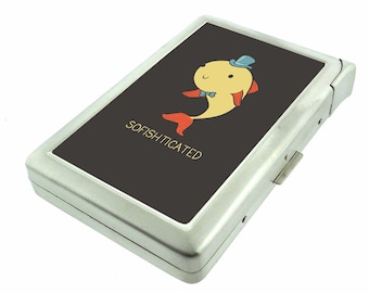 Fish Pun Em1 Hip Silver Cigarette Case With Built In Lighter Id Holder Metal Wallet RFID Protection