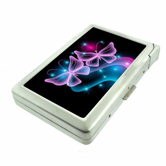 Neon Butterfly Em1 Hip Silver Cigarette Case With Built in Lighter Id Holder  Metal Wallet RFID Protection
