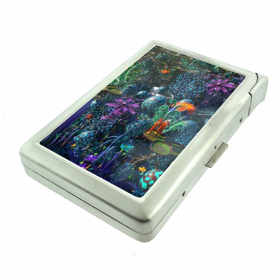 Alien Plants Em1 Hip Silver Cigarette Case With Built in Lighter Id Holder  Metal Wallet RFID Protection