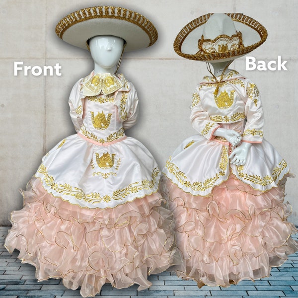 Girls Charro Charra LIGHT PINK | GOLD dress for baptism or presentation birthday