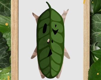 Puede incluir: Una ilustración enmarcada de una hoja verde con una cara de dibujos animados. La hoja tiene un ojo negro, una nariz blanca y una boca negra. La hoja está rodeada de un marco marrón.