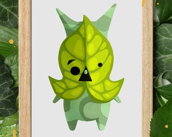 Puede incluir: Un personaje de dibujos animados verde y azul con una gran hoja verde como máscara. El personaje tiene una nariz triangular y ojos grandes y redondos. El personaje está de pie sobre un fondo blanco.