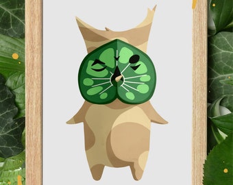 Puede incluir: Una ilustración de dibujos animados de un personaje marrón y verde con una máscara en forma de hoja. El personaje tiene una máscara de hoja verde grande con los ojos cerrados y un pequeño ojo negro en el lado derecho. El personaje está de pie sobre un fondo blanco.