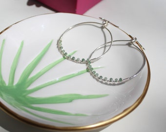 Boho Green Aventurine Wire Wrapped Silver Hoop Earrings