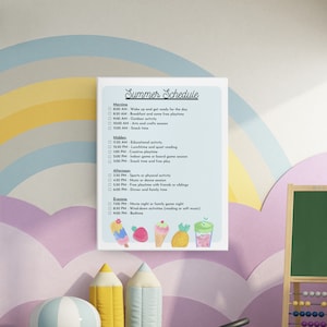 May include: A colorful summer schedule for kids with a checklist of activities for the morning, midday, afternoon, and evening. The schedule includes activities like wake up, breakfast, outdoor play, arts and crafts, snack time, educational activities, quiet reading, creative playtime, indoor games, sports, music, free playtime, dinner, movie night, wind-down activities, and bedtime.