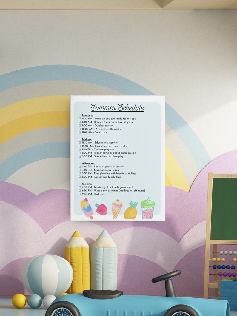 May include: A colorful summer schedule for kids with a checklist of activities for the morning, midday, afternoon, and evening. The schedule includes activities like wake up, breakfast, outdoor play, arts and crafts, snack time, educational activities, quiet reading, creative playtime, indoor games, sports, music, free playtime, dinner, movie night, wind-down activities, and bedtime.