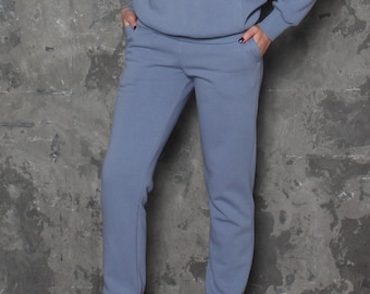 Comfy blue cotton jersey joggers with pockets. Cuffed jogging pants for women. Ladies joggers. Cool Tracksuit bottoms. Warm winter trousers