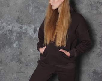 Dark dusty brown hoodie for women. Ladies hooded sweatshirt for winter. Soft, warm and thick long sleeved tracksuit top. Hoodie with pockets