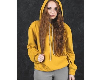 Yellow Hoodie for Women. Casual Oversized Hoodie. Loose Hooded Sweatshirt with pockets. Cotton jersey hoodie for everyday. Comfy Loungewear