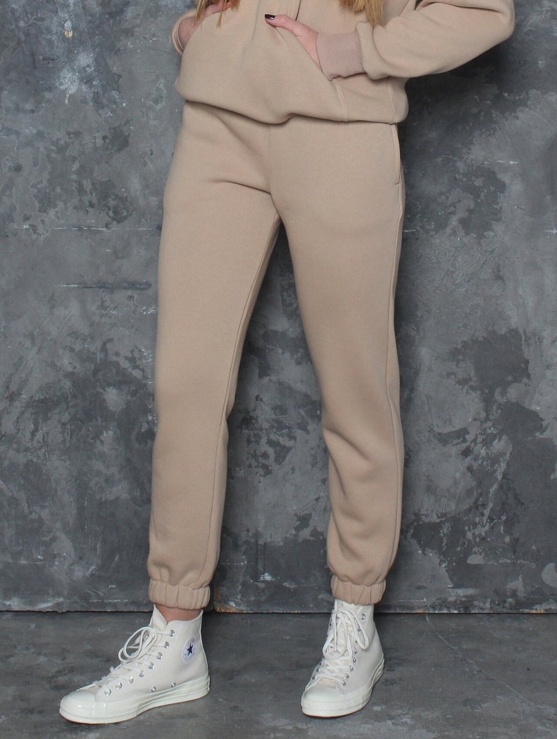 Read to ship. Cotton women sweatpants with pockets and elastic waist. Jogging pants in beige sand colour. Comfy loungewear trousers image 1