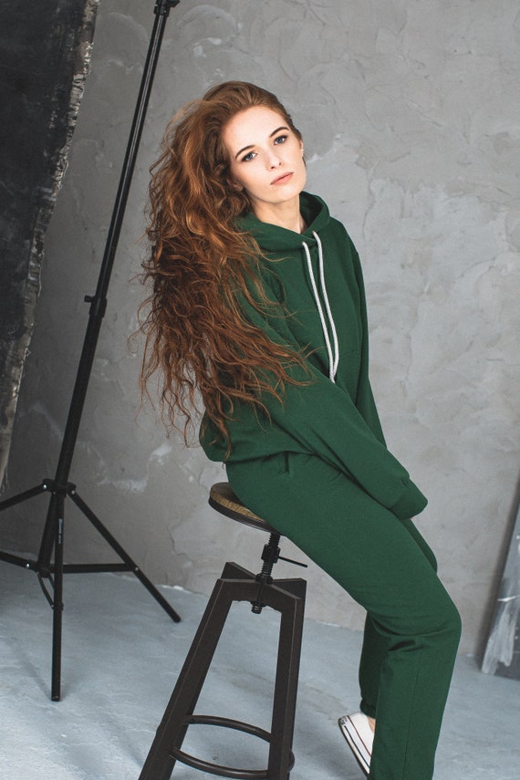 Dark Green Tracksuit. Classic Loose Matching Oversized Hoodie and