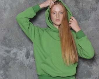 Bright green cotton jersey hoodie. Hooded sweatshirt for women. Comfy, trendy loungewear for ladies. Long sleeved tracksuit top with pockets