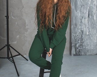 Dark Green Tracksuit. Classic Loose Matching Oversized Hoodie and