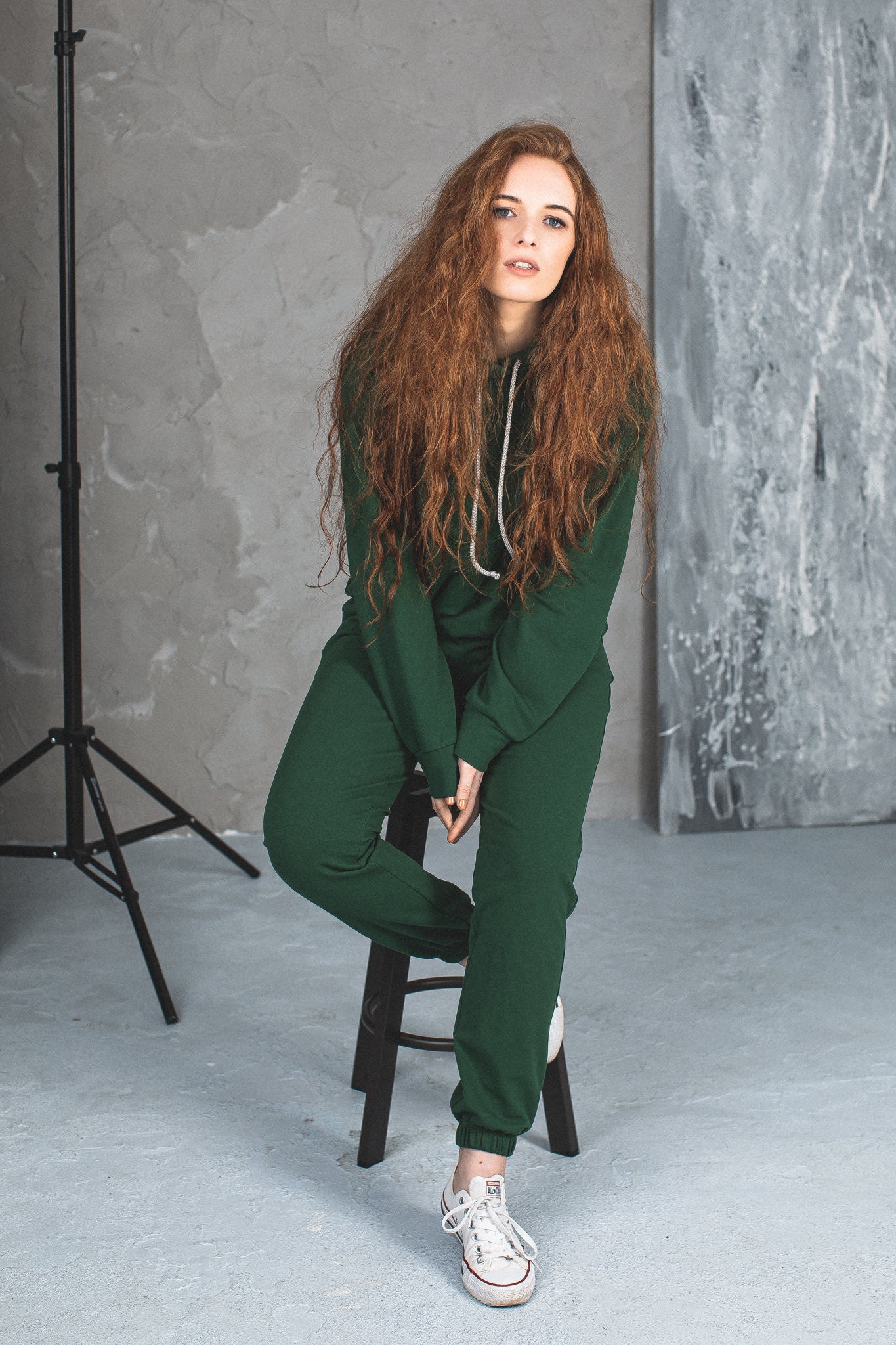 Dark Green Tracksuit. Classic Loose Matching Oversized Hoodie and