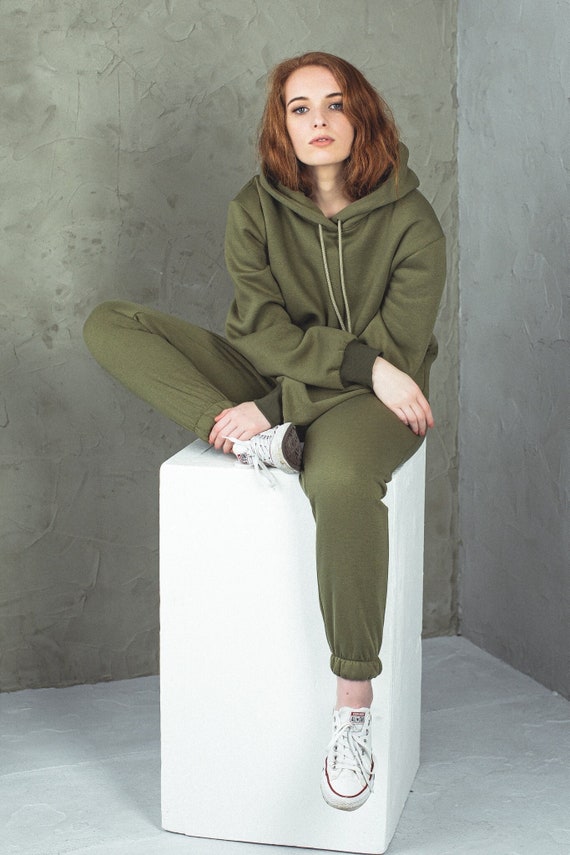 Military Green Women Tracksuit. Cotton Jersey Hoodie and Jogging