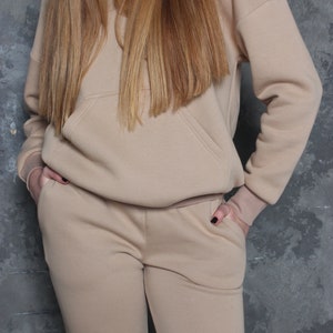Read to ship. Cotton women sweatpants with pockets and elastic waist. Jogging pants in beige sand colour. Comfy loungewear trousers image 4
