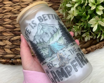 Iced Coffee Cup, Custom Beer Can Glass with Lid and Straw, Gift idea , 16oz Glass Cup, Camping gift, Camping cup, Nature cup