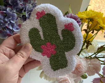 Handmade Punch Needle Cactus Coaster: Western Mug Rug