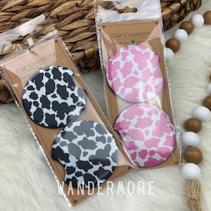 Cow print car coasters | Cow print car accessories | Black and white car coasters | Pink car coasters | Car accessories | New car gift
